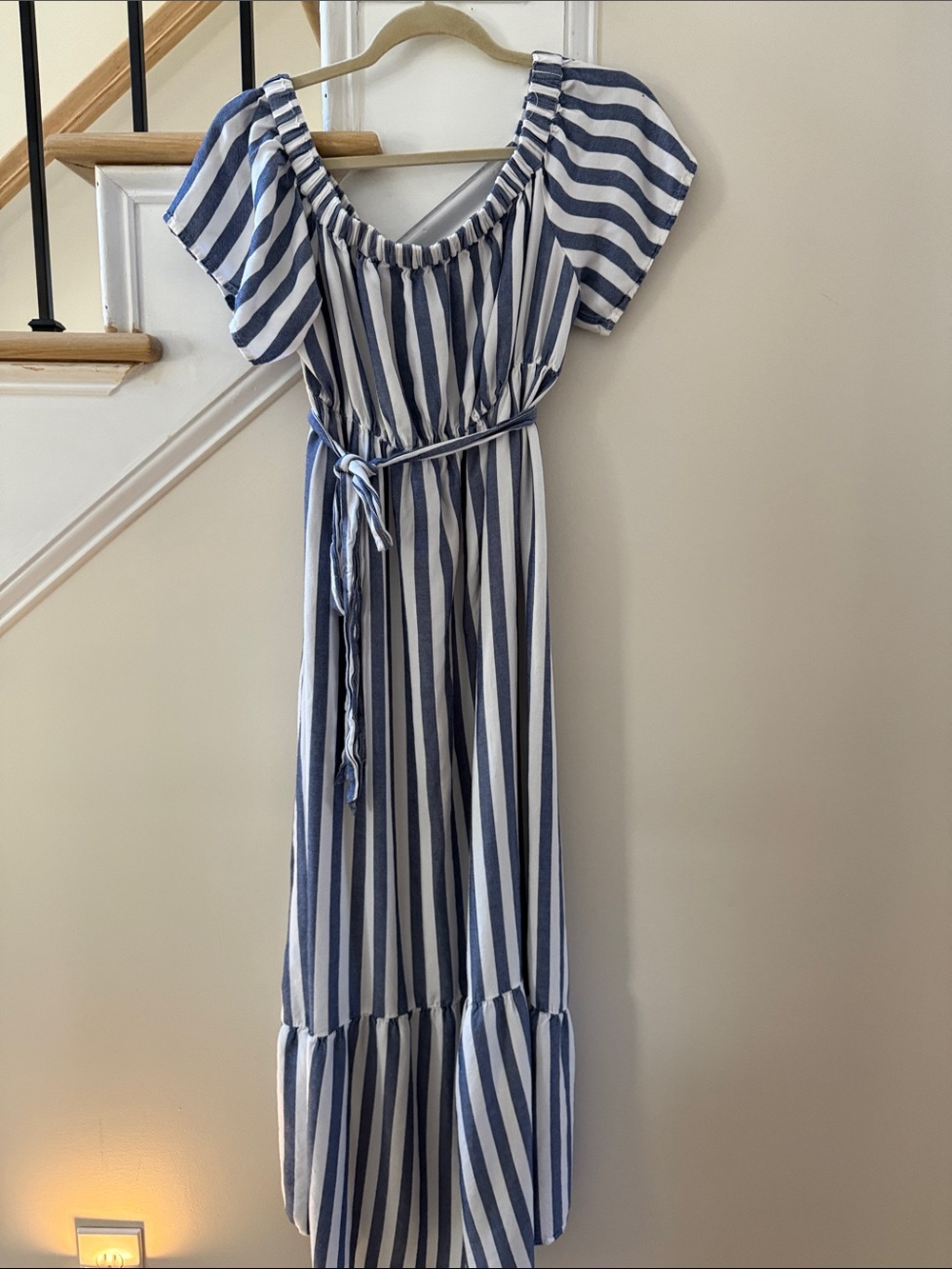 Blue and White Striped Off-Shoulder Maternity Maxi Dress with Tie Waist
